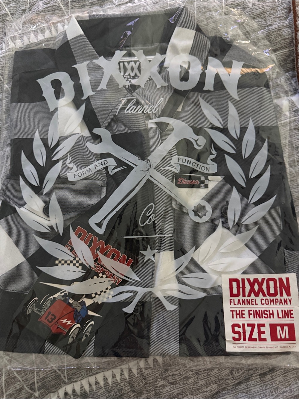 DIXXON Black & White Plaid Flannel Shirt with Racing Graphic. The finish line.